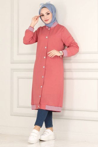 moda selvim Overcoat 1912FON792 Dusty Rose - Thumbnail