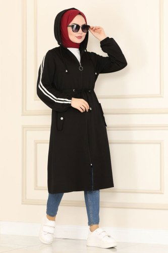 moda selvim Overcoat 1913FON792 Black - Thumbnail