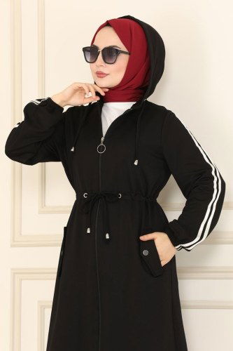 moda selvim Overcoat 1913FON792 Black - Thumbnail