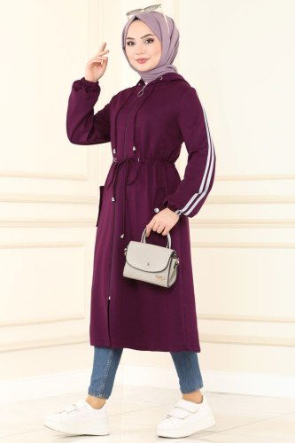 moda selvim Overcoat 1913FON792 Damson - Thumbnail