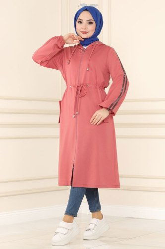 moda selvim Overcoat 1913FON792 Dusty Rose - Thumbnail
