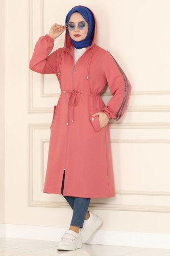 moda selvim Overcoat 1913FON792 Dusty Rose - Thumbnail