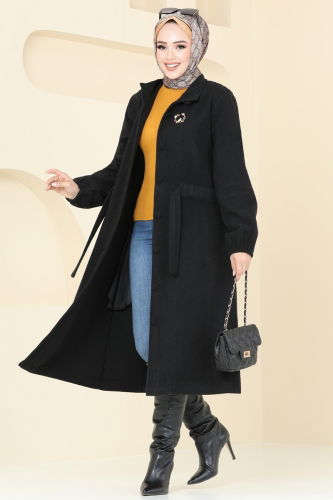 moda selvim Overcoat 2056BG354 Black - Thumbnail