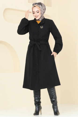 moda selvim Overcoat 2056BG354 Black - Thumbnail