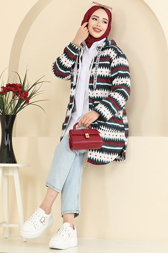 moda selvim Overcoat 2062ERK1158 Pattern3 Emerald&Red - Thumbnail