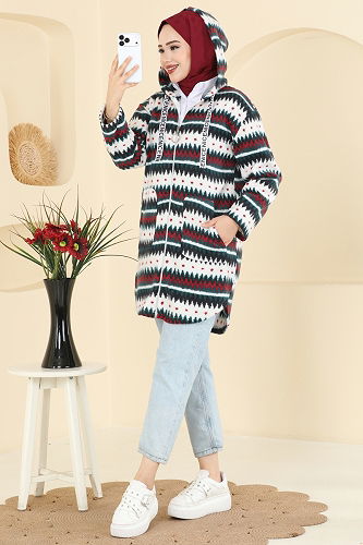 moda selvim Overcoat 2062ERK1158 Pattern3 Emerald&Red - Thumbnail