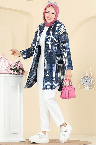 moda selvim Overcoat 2062ERK1158 Pattern4 Dark İndigo - Thumbnail