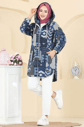 moda selvim Overcoat 2062ERK1158 Pattern4 Dark İndigo - Thumbnail