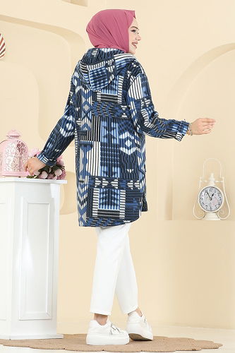 moda selvim Overcoat 2062ERK1158 Pattern4 Dark İndigo - Thumbnail