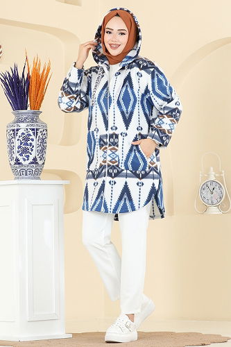 moda selvim Overcoat 2062ERK1158 Pattern5 Navy Blue - Thumbnail