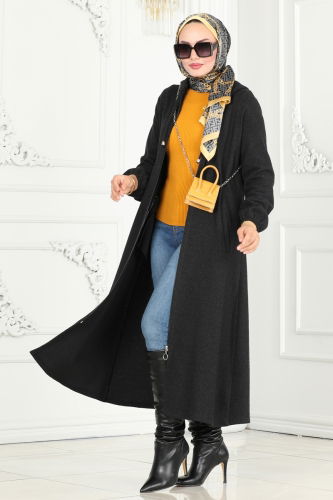 moda selvim Overcoat 22002UKB139 Black - Thumbnail