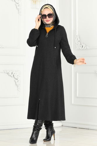 moda selvim Overcoat 22002UKB139 Black - Thumbnail