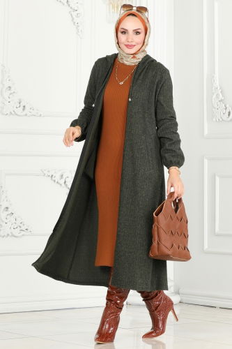 moda selvim Overcoat 22002UKB139 Khaki - Thumbnail