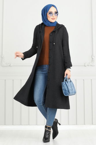 moda selvim Overcoat 22036UKB139 Black - Thumbnail