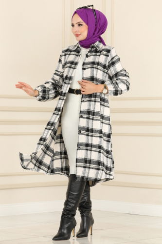 moda selvim Overcoat 2280BLU797 Black&Ecru - Thumbnail