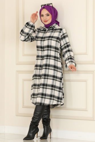 moda selvim Overcoat 2280BLU797 Black&Ecru - Thumbnail