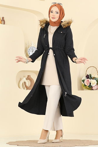 moda selvim Overcoat 24026UKB139 Black - Thumbnail