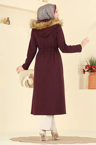 moda selvim Overcoat 24026UKB139 Burgundy - Thumbnail