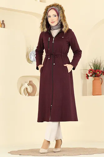 moda selvim Overcoat 24026UKB139 Burgundy - Thumbnail