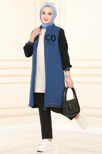 moda selvim Overcoat 2425SL432 Indigo&Black - Thumbnail