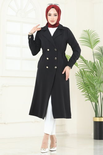 moda selvim Overcoat 3117BLU797 Black - Thumbnail