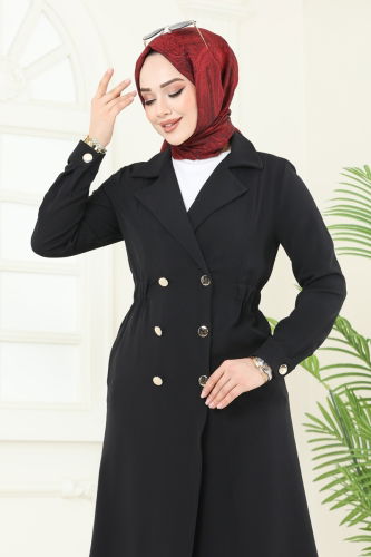 moda selvim Overcoat 3117BLU797 Black - Thumbnail