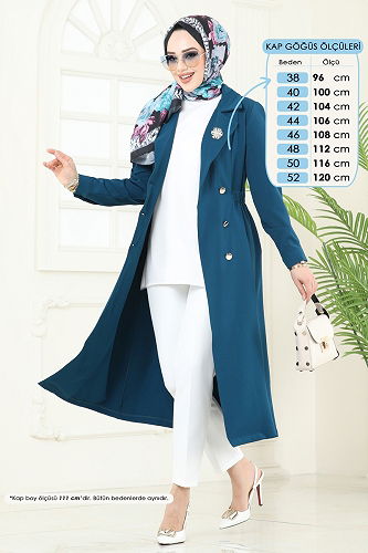 moda selvim Overcoat 3117BLU797 Petroleum - Thumbnail