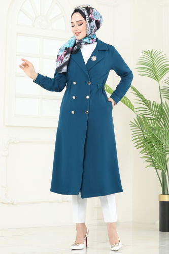 moda selvim Overcoat 3117BLU797 Petroleum - Thumbnail