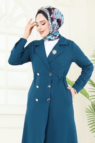 moda selvim Overcoat 3117BLU797 Petroleum - Thumbnail