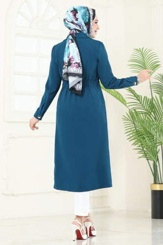 moda selvim Overcoat 3117BLU797 Petroleum - Thumbnail