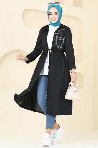 moda selvim Overcoat 314DVL817 Black - Thumbnail