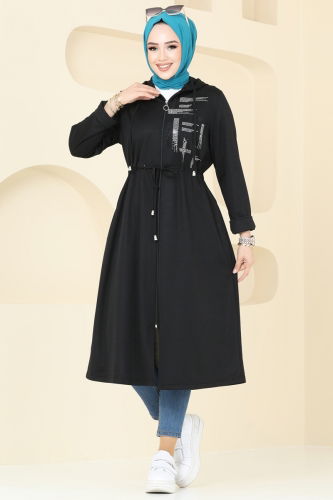 moda selvim Overcoat 314DVL817 Black - Thumbnail