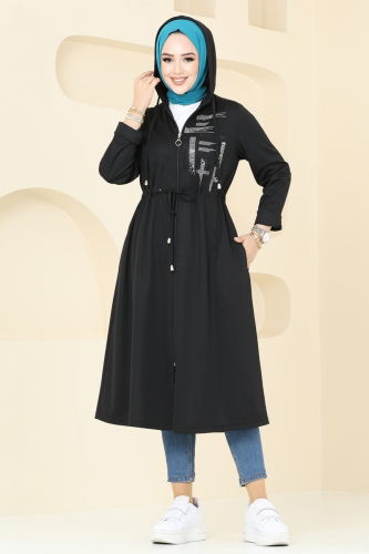 moda selvim Overcoat 314DVL817 Black - Thumbnail