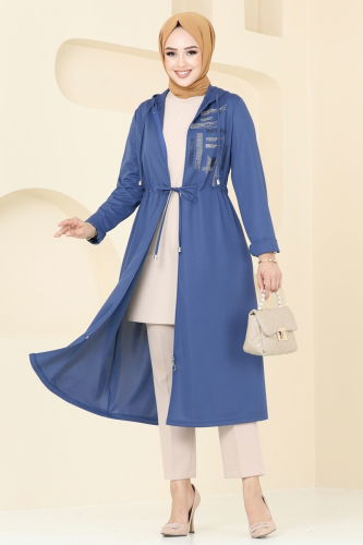 moda selvim Overcoat 314DVL817 Indigo - Thumbnail