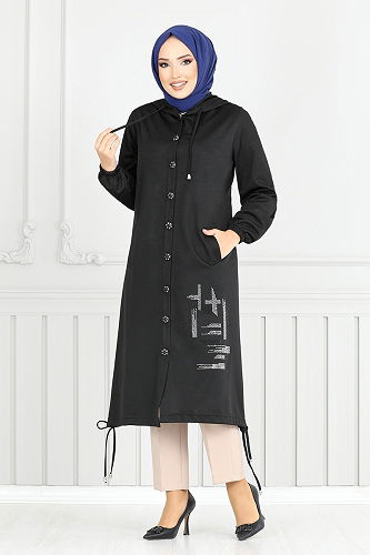 moda selvim Overcoat 324DVL897-M Black - Thumbnail