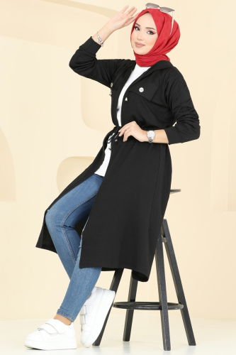 moda selvim Overcoat 4047PM271 Black - Thumbnail