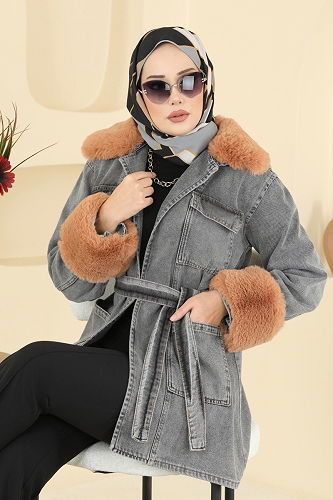 moda selvim Overcoat 4086ORG1169 Gray Jeans - Thumbnail