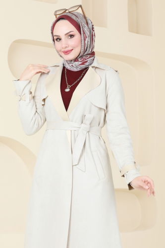 moda selvim Overcoat 4277AL357 Stone - Thumbnail