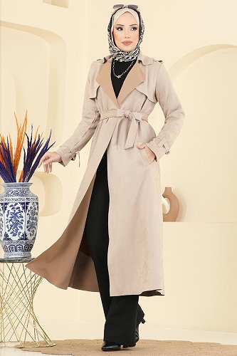 moda selvim Overcoat 4277AL357 Stone - Thumbnail