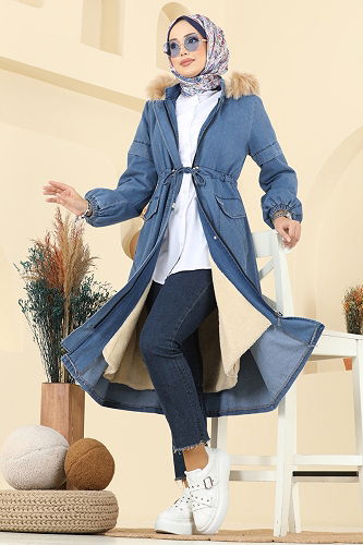moda selvim Overcoat 4292MKL719 Light Denim - Thumbnail