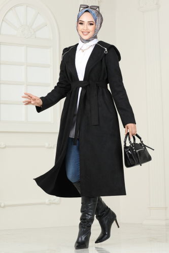 moda selvim Overcoat 4398AL357 Black - Thumbnail