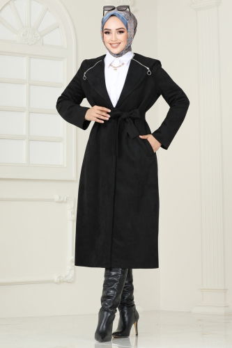 moda selvim Overcoat 4398AL357 Black - Thumbnail