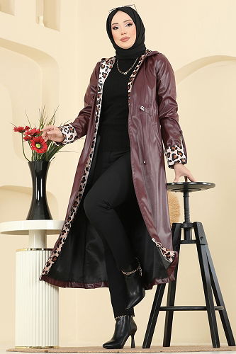 moda selvim Overcoat 4409AL357 Burgundy - Thumbnail