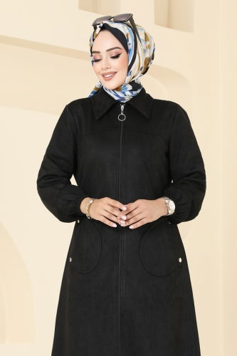 moda selvim Overcoat 4438AL357 Black - Thumbnail