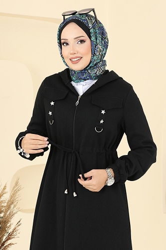 moda selvim Overcoat 467DVL817 Black - Thumbnail