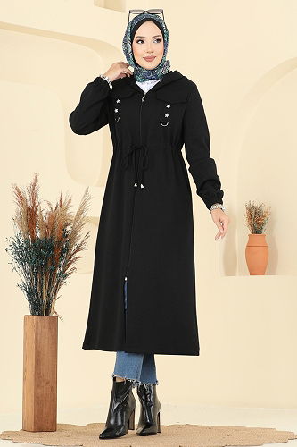 moda selvim Overcoat 467DVL817 Black - Thumbnail