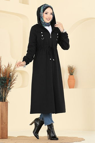moda selvim Overcoat 467DVL817 Black - Thumbnail