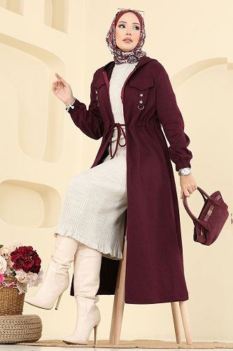 moda selvim Overcoat 467DVL817 Burgundy - Thumbnail