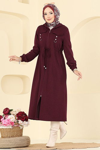 moda selvim Overcoat 467DVL817 Burgundy - Thumbnail