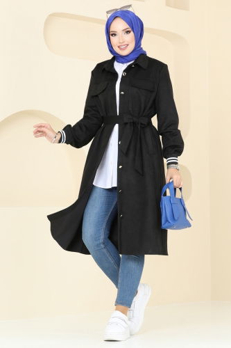 moda selvim Overcoat 5281AL357 Black - Thumbnail